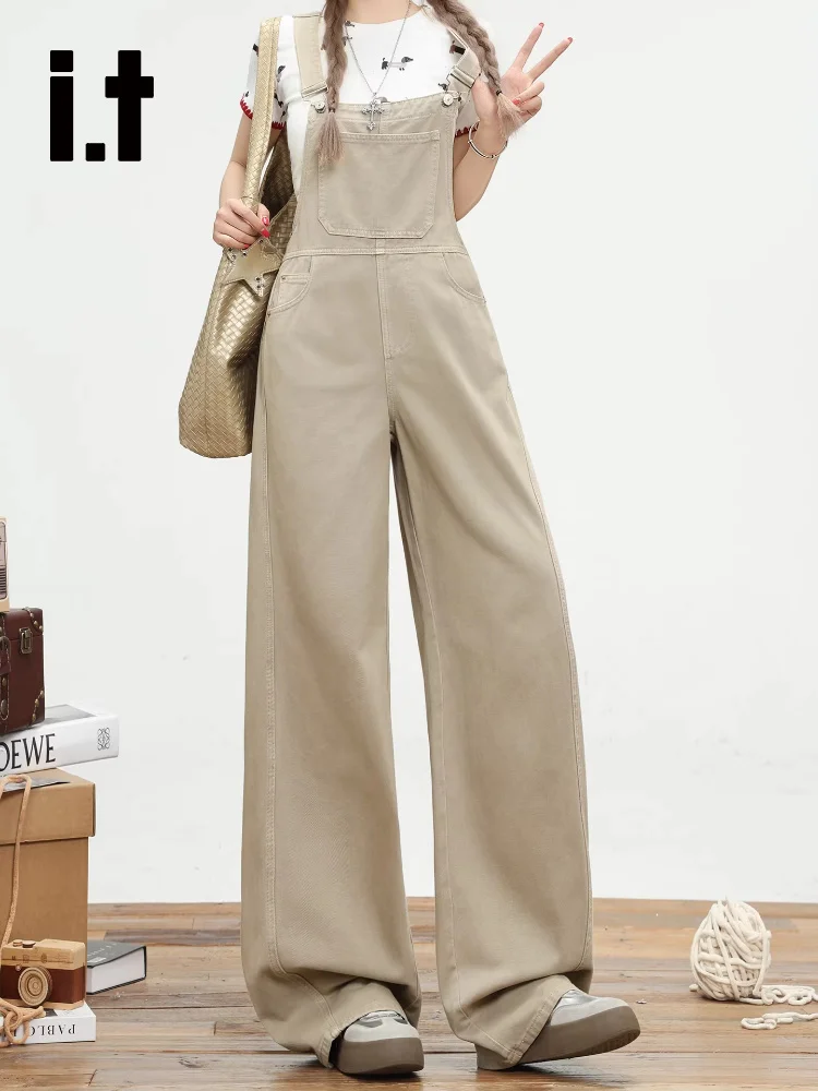 

Vintage Khaki Wide Leg Denim Overalls Women's Anti-Aging Loose Straight Cut Jumpsuits Spring Casual High Waist Pocket Detail