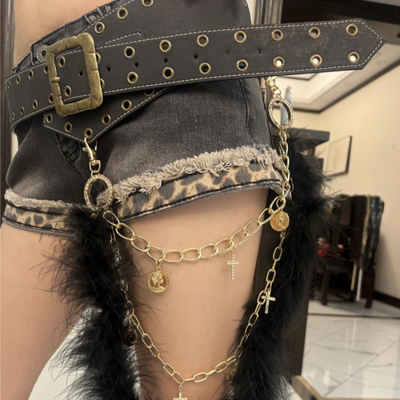 

Punk-Gothic Studded Belt Cross-Chain Belt Y2K Asymmetrical Faux Fur Belt Party and Music Festival Outfits