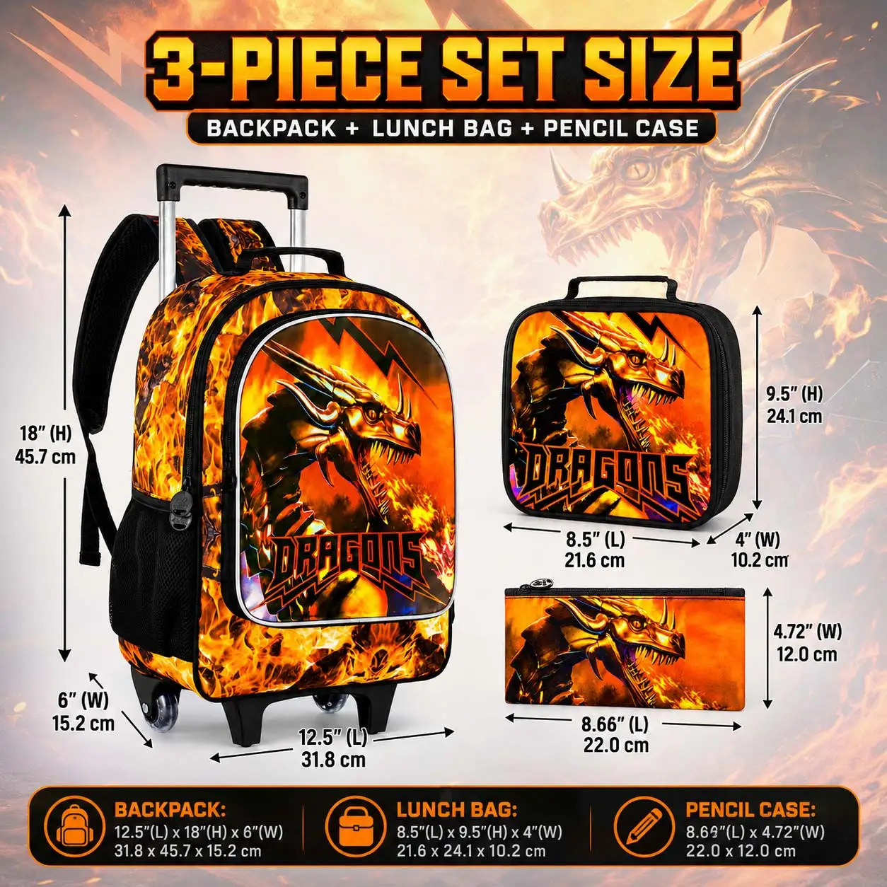 Kid's rolling backpack 3PCS Set, One Rolling Backpack + Handbag + Pencil Case, Fire Dragon Print, Large Capacity.