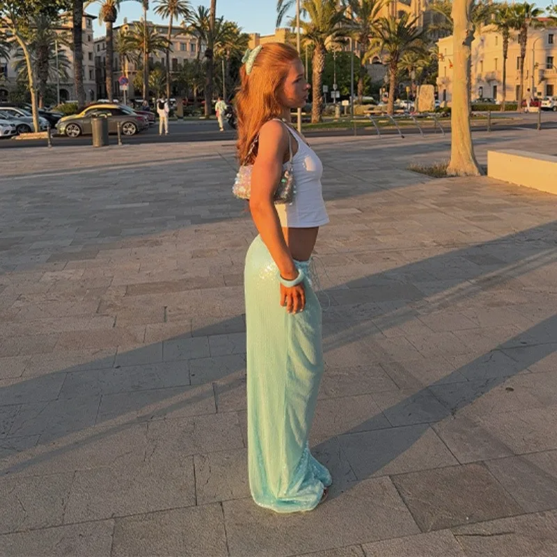 스트리트 스타일 스팽글 레이스업 팬츠 여성용 신축성 있는 로우 웨이스트 와이드 레그 바지 여성 2025 봄 여름 반짝이는 파티 클럽 의류