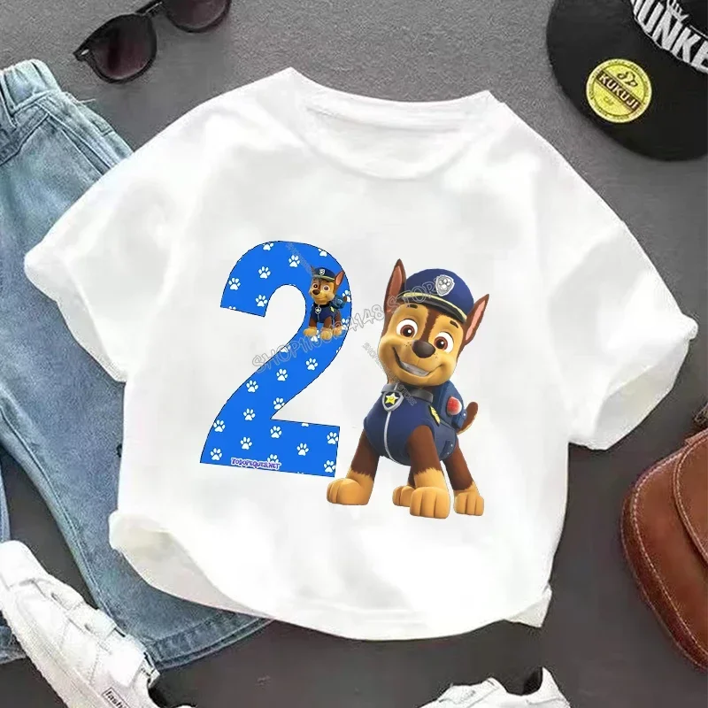 Paw Patrol Chase T-shirt for Children Cartoon Birthday Figure Tee Top New Anime Kids Clothes White Short Sleeve Loose Clothing