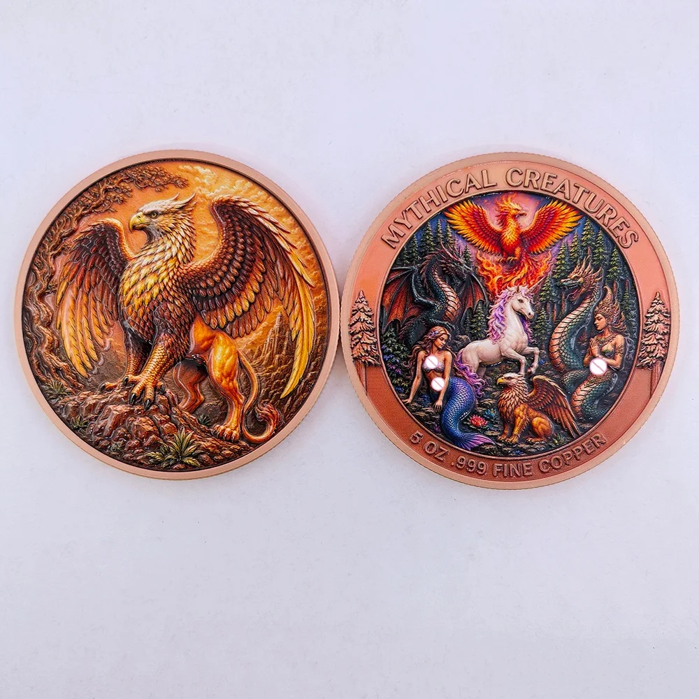 6 Types 5 OZ Mythical Creatures .999 Pure Copper Commemorative Coin Phoenix Unicorn Mermaid Goddess Metal Coin Collection Gift