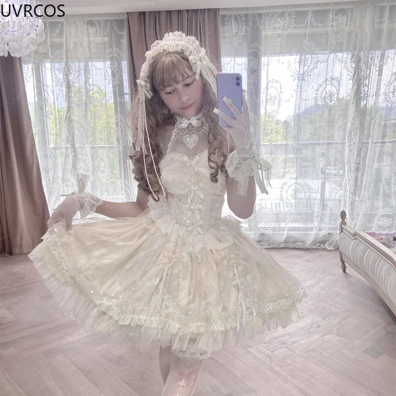 Robes de princesse en maille de dentelle pour femmes, bonbons japonais, Lolita Jsk, vintage et élégant, robe à bretelles, vêtements européens Harajuku Lolita, Kawaii