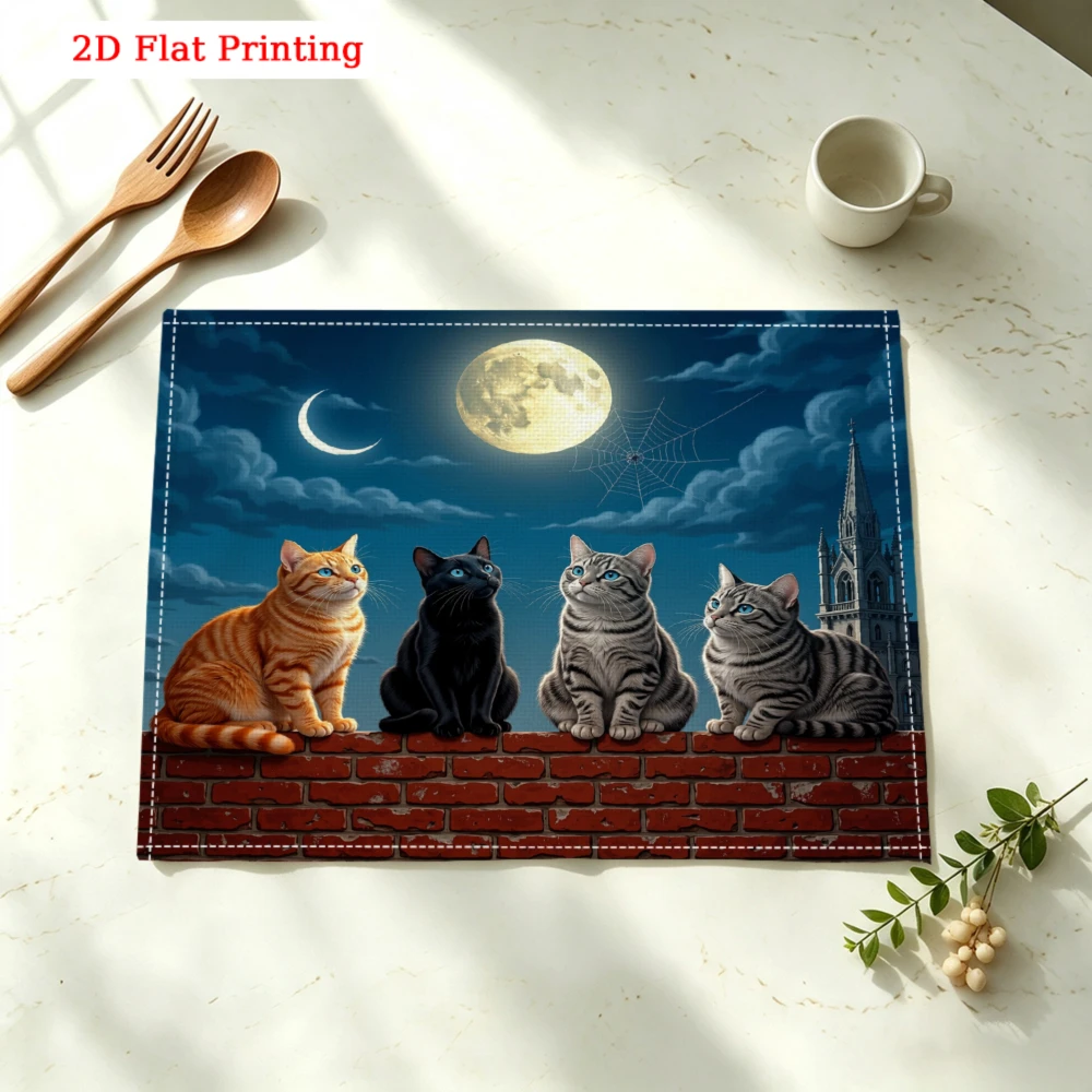 Four Cats On Brick Wall Kitchen Placemat Coaster Linen Pad Dish Coffee Cup Table Mat 30x40cm Home Decor