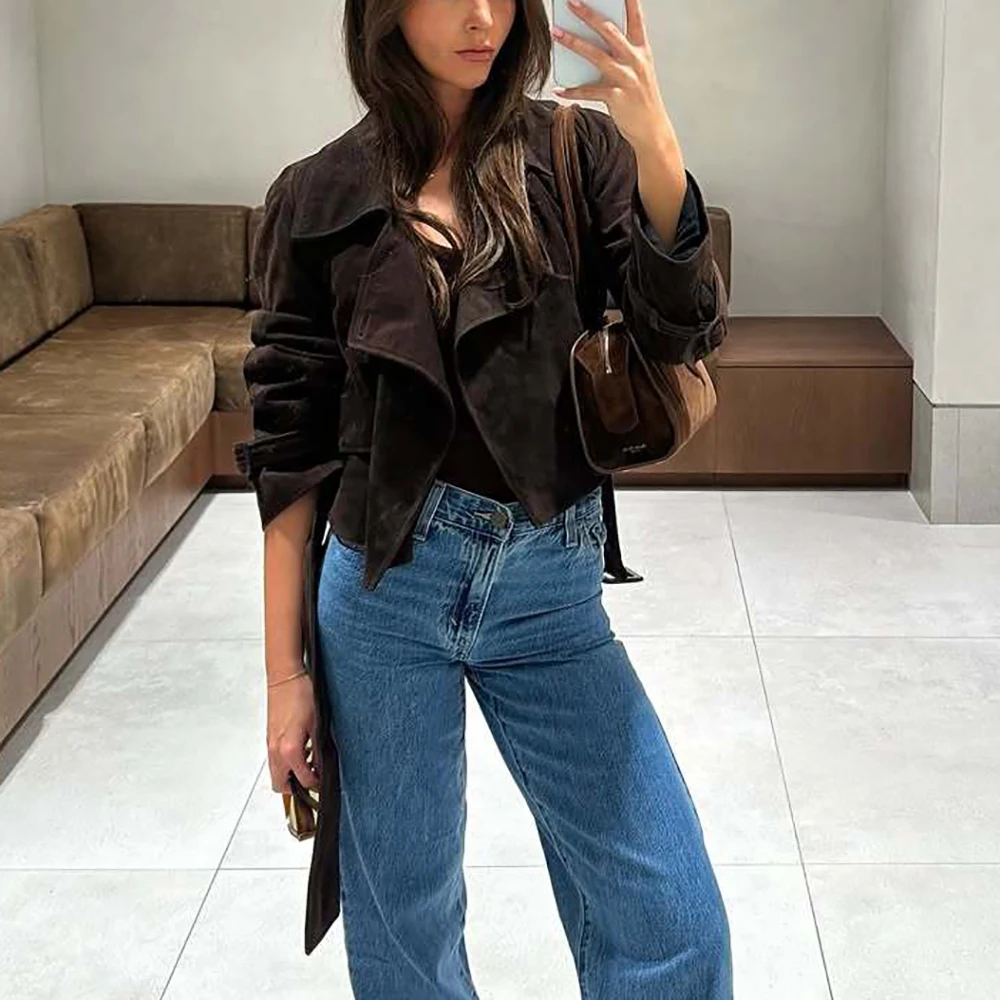 

Fashionable Collared Women's Jacket with Y2K Belted Waist, Slim-Fit Retro Commuter Coat Top 2025 Early Autumn New Arrival