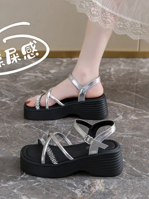 夏の女性用ローマサンダル-厚底7cm-ビーチ万能スポーツサンダル-ワンストラップ-ウォーターダイヤモンド-カジュアル快適シューズ