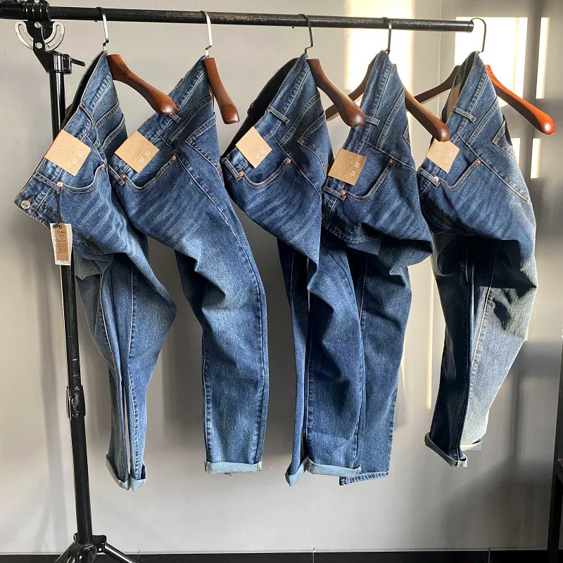 New Spring Men's Casual Straight Leg Jeans Long Pants Cotton Elastic Waed Outfit Versatile Comfortable Classic Blue Denim