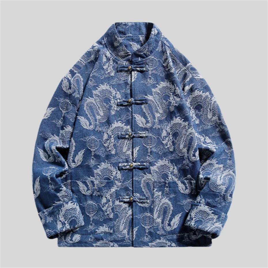 

Chinese Style Dragon Embroidery Denim Jacket Men Disc Buckle Plus Size Coat Autumn Casual Jacket Outwear Hip Hop Harajuku Jacket