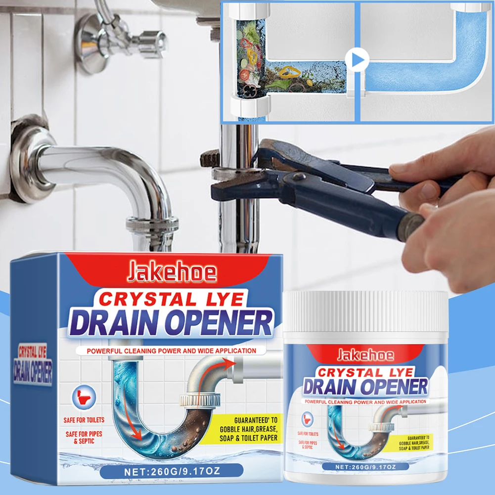 

260 г порошка для прочистки труб: средство для кухни и туалета, очищает, растворяет, устраняет засоры и удаляет известковый налет.