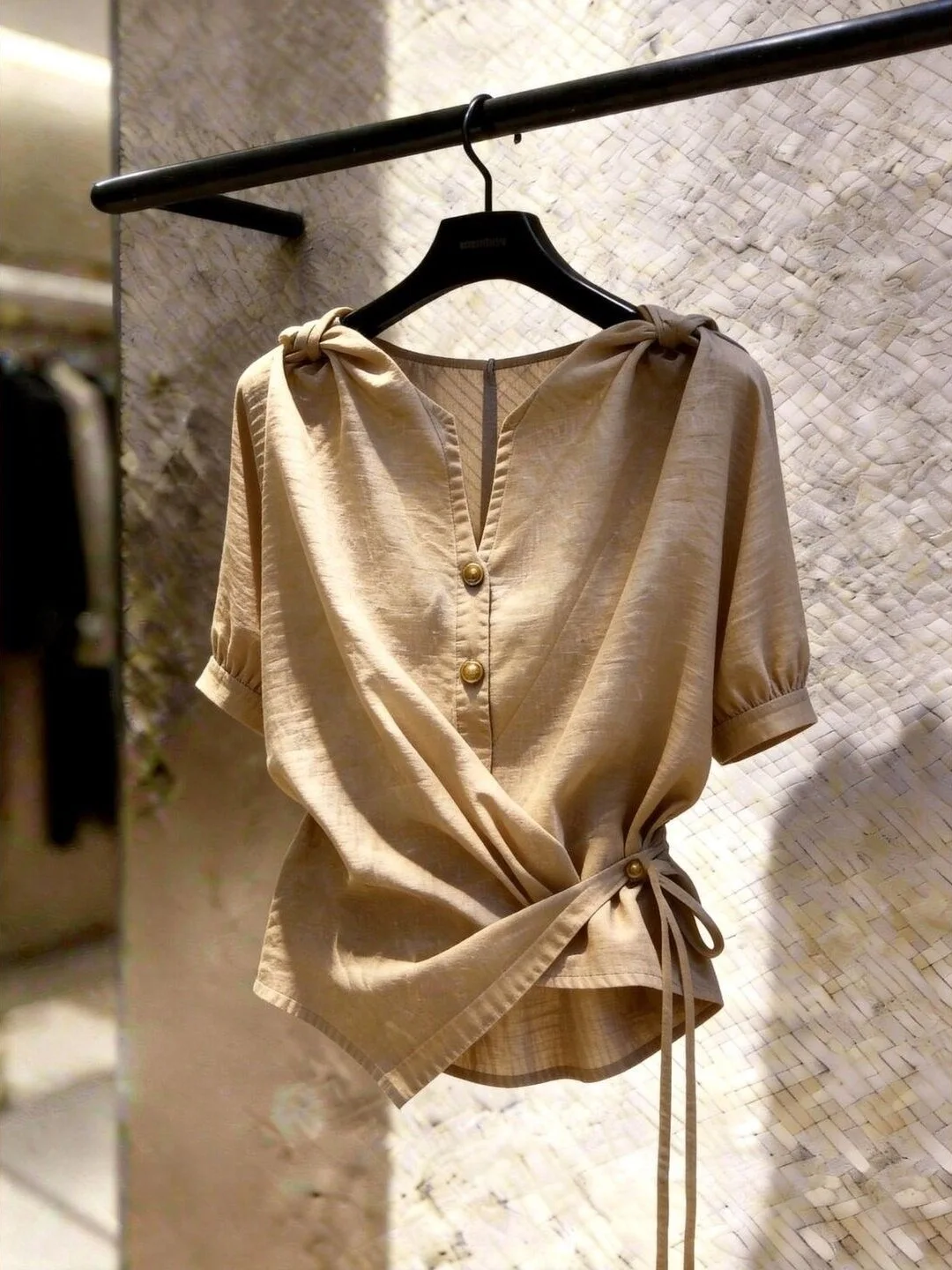 Green V-neck Belted Waist Shirt Women's Summer Design Sensation High-End Feel Casual Style INS Shirt Lace Snowflake Pattern