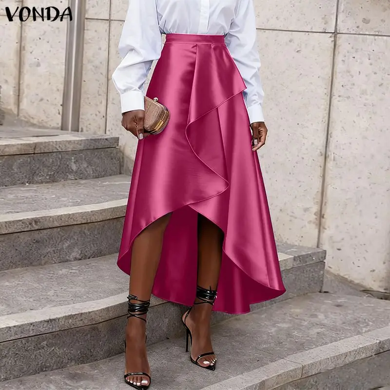 

Plus Size 5XL VONDA Women High Waist Satin Skirts Summer Ruffled Asymmetrical Long Skirt Fashion Elegant Party Jupes Faldas Saia
