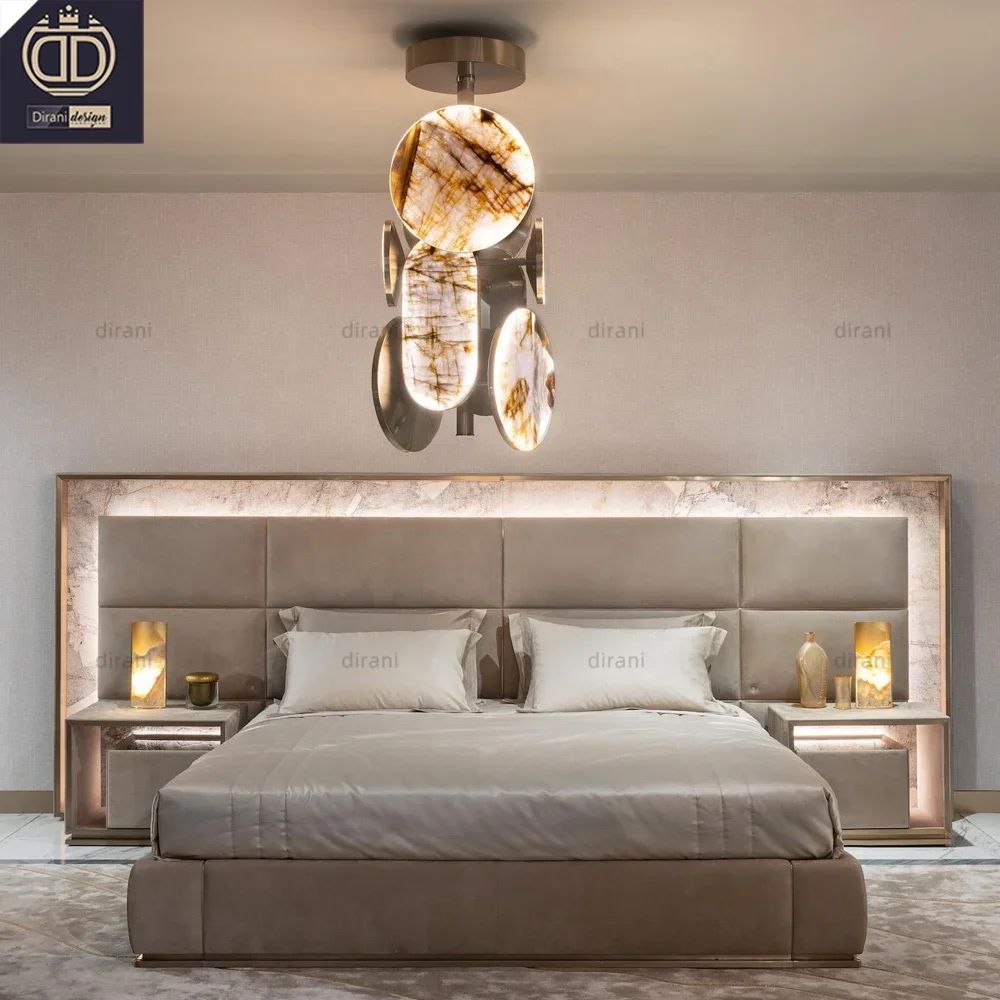 2023 new design Italian luxury bedroom furniture set fancy led light up full size bed frame marble modern beds with led lights