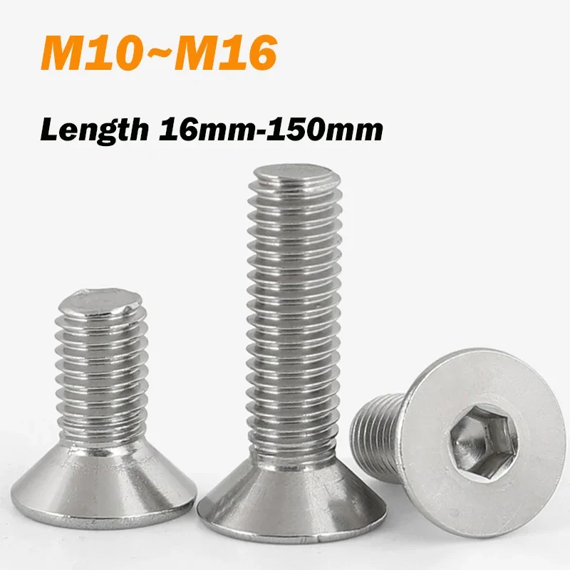 1Pcs Thread Screw M10 M12 M16 Length 16mm-150mm 304 Stainless Steel Allen Hex Socket Countersunk Head Flat Head Screw Bolts