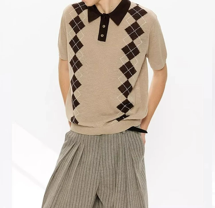 

2026 New Grid Vertical Contrasting Color Casual Knitted Short-sleeved Polo Shirt Men's Summer