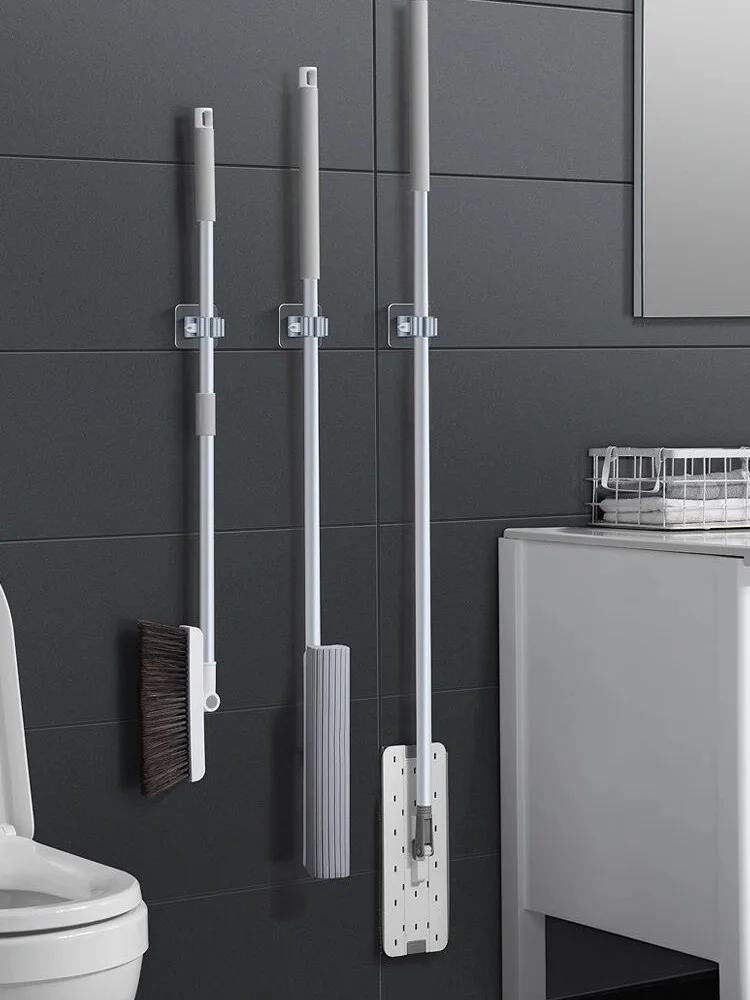 Mop Storage Rack Bathroom Suction Hanging Pipe Traceless Mop Clip Broom Hanger Wall Mounted Waterproof Mop Holder Self Adhesive