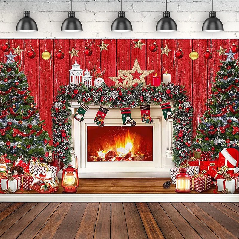 Christmas Fireplace Photography Backdrop Interior Xmas Tree Stockings Rustic Wood Background Winter Holiday Family Portraits