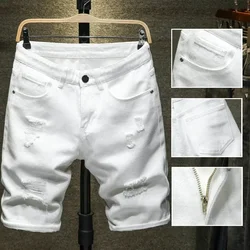 2024 New Ripped Denim Shorts Men Knee Length Fashion Jeans Casual Hole Slim Male Short Pants Streetwear White Black