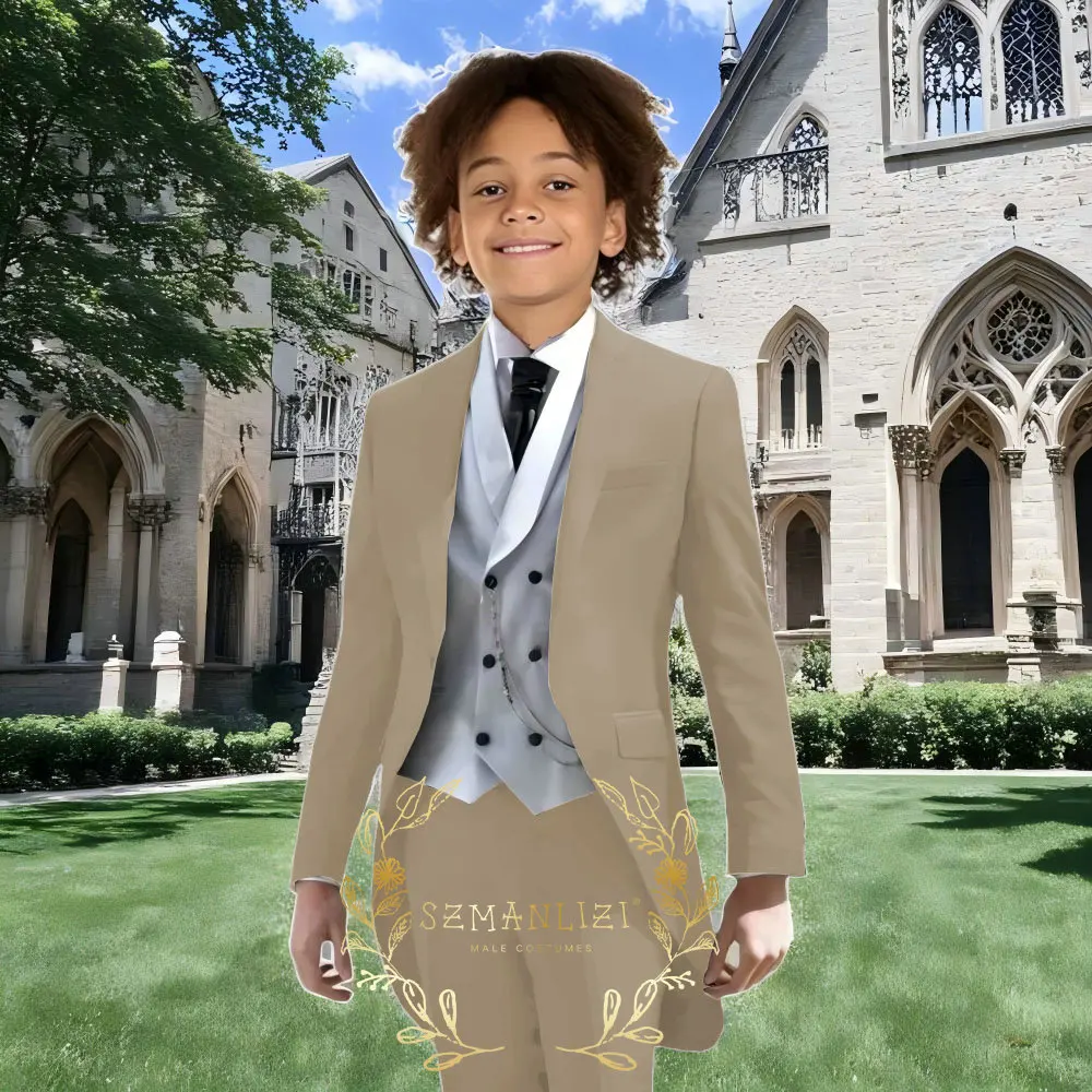 3-Piece Boys Suit Tuxedo Formal Tailcoat Brown Long Jacket Pants White Vest Outfit for Wedding Party Cocktail Birthday Events