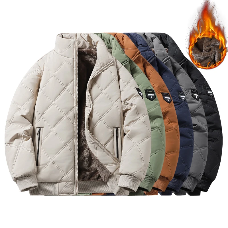 

Winter Jacket Men Thick Warm Windproof Coat Fleece Thickened Warm Baseball Jacket Solid Color Zipper Large Size Top Outwear