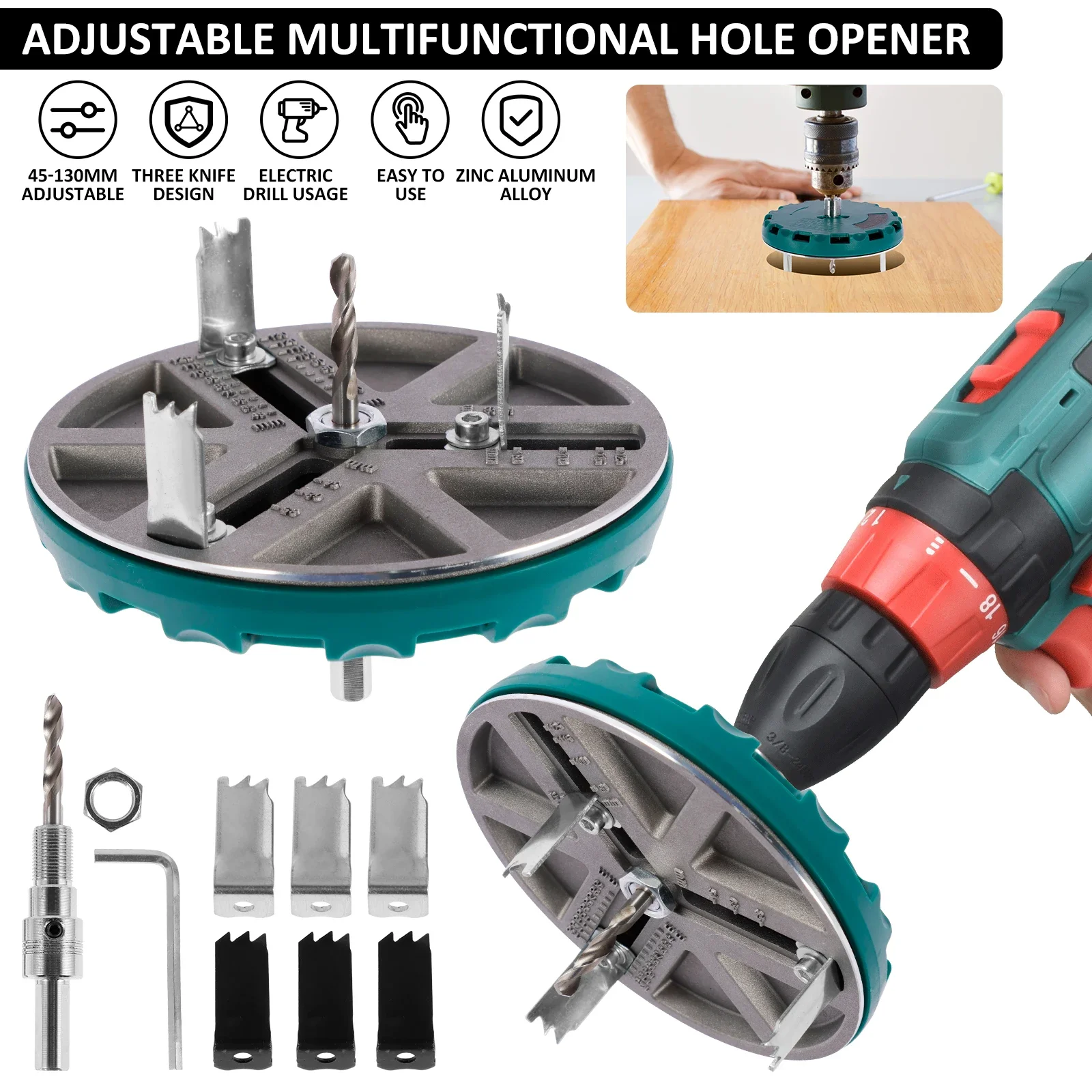 

Adjustable Woodworking Hole Opener Cutting Tools Kit Metal Punching Saw Multifunctional Hole Drilling Saw Diameter 45-130MM