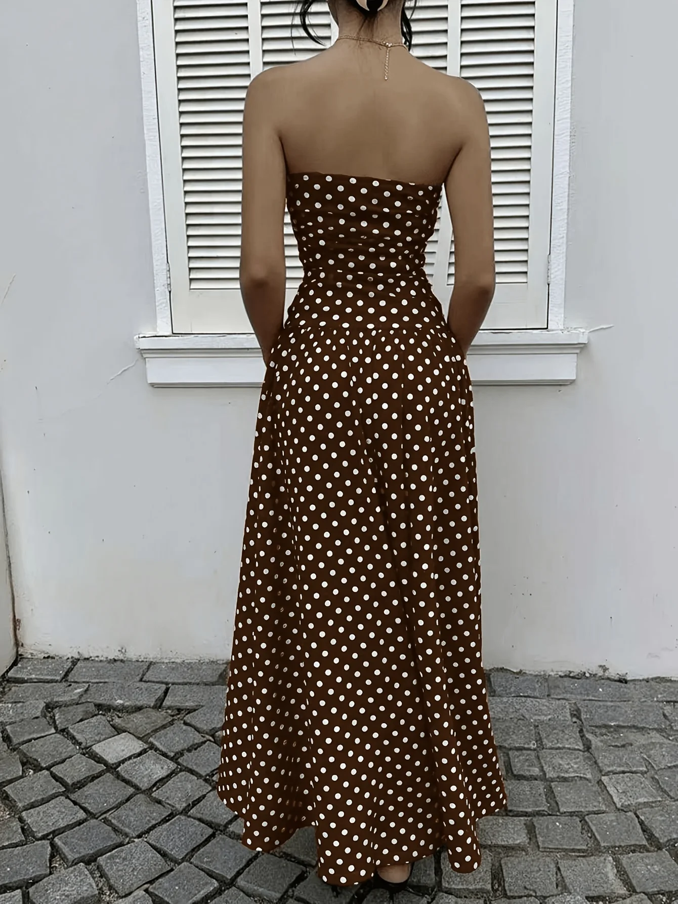 Women's Polka Dot Print Waist-Cinching Vest Dress Vacation Style Long Brown Maxi Skirt Elegant Casual Summer Fashion - Image 3