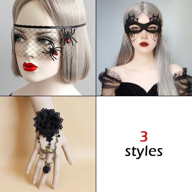 

Masquerade Black Eye Mask Halloween Spider Veil Half Face Masks Party Gothic Cosplay Accessories Women's Lace Rose Bracelet