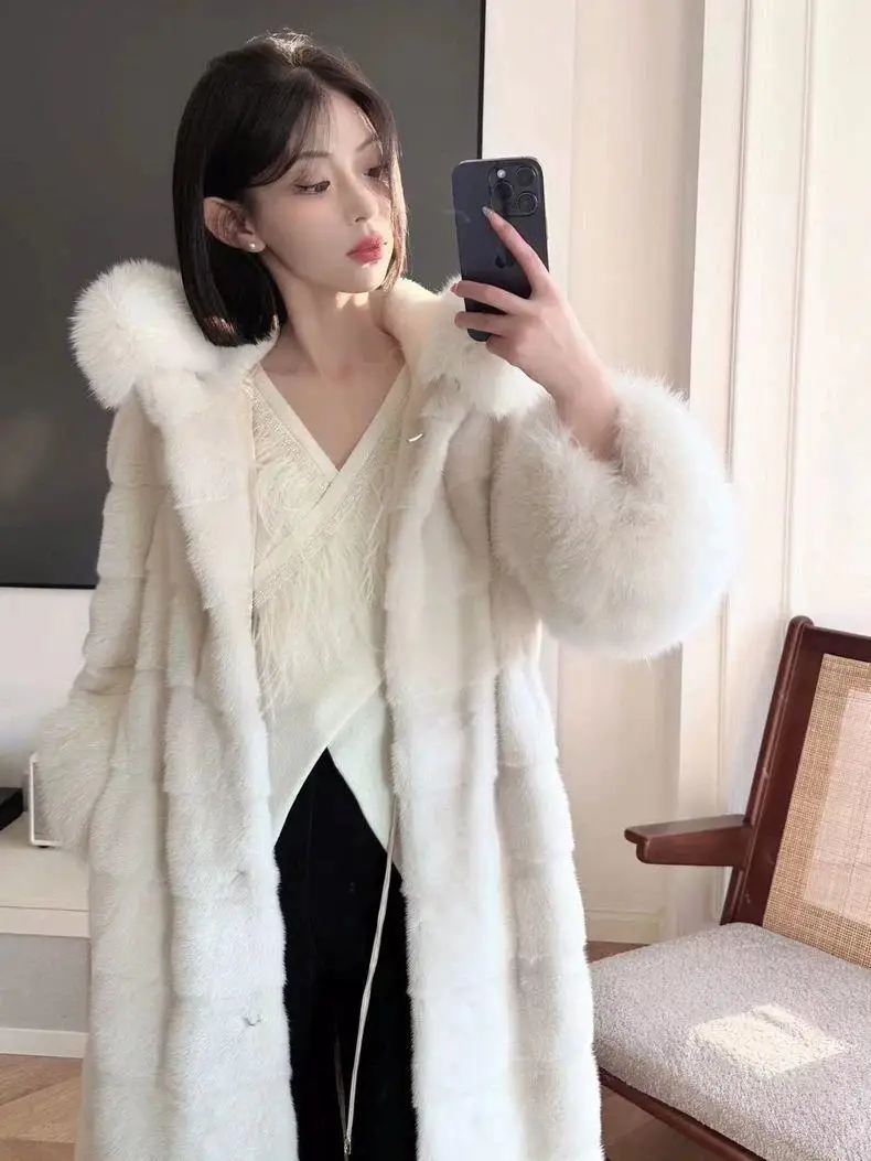 2025 Young Sle Thiened Younger Looking  Fur Collar Hat Coat Women's Mid-Length Long Sve Loose Fit Winter Outerwear