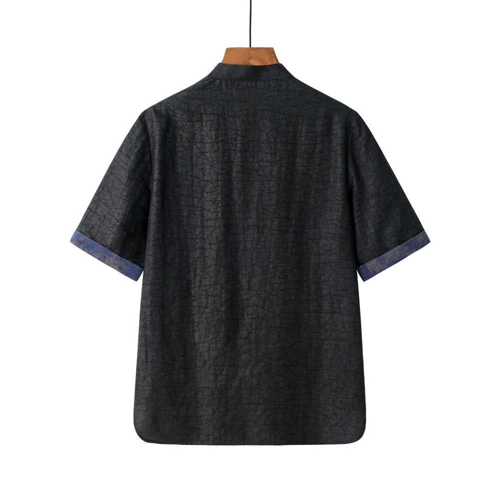 Old Money Style Men's Black Silk Gauze Shirt Heritage Tunic Top with Custom Horn Buttons Side Slit for Sophisticated Gentlemen