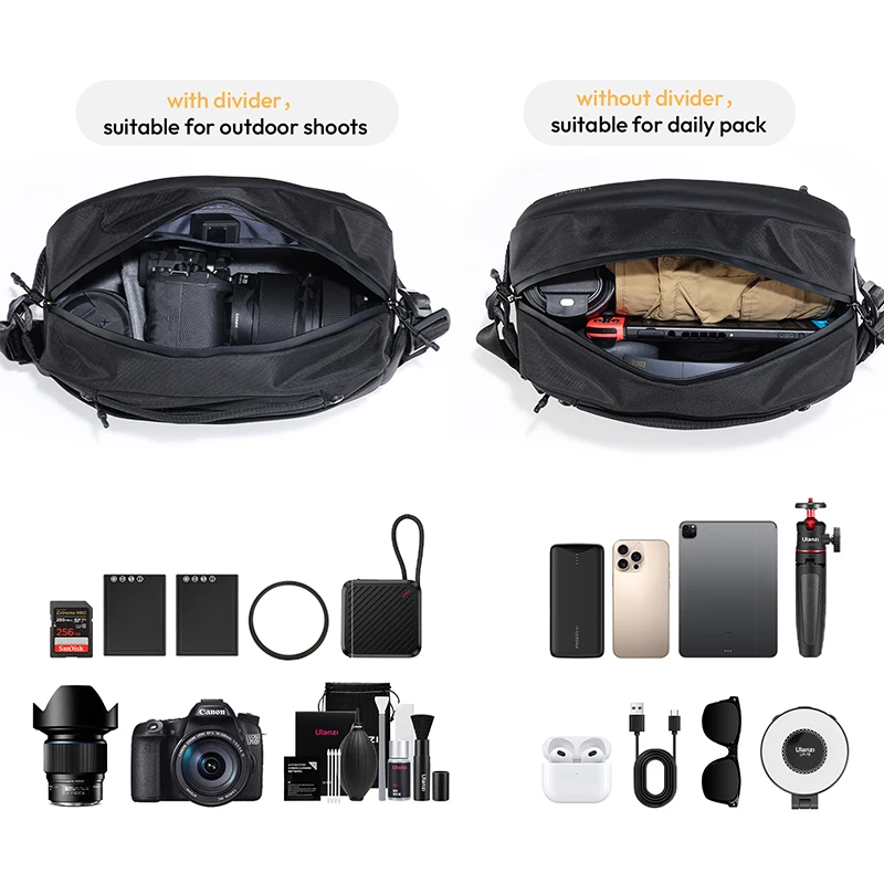 Ulanzi PB038 Bolsa bandolera de viaje de 10L V2 Bolsa para cámara de fotografía con divisores plegables Paquete diario Bolso de hombro para disparar al aire libre