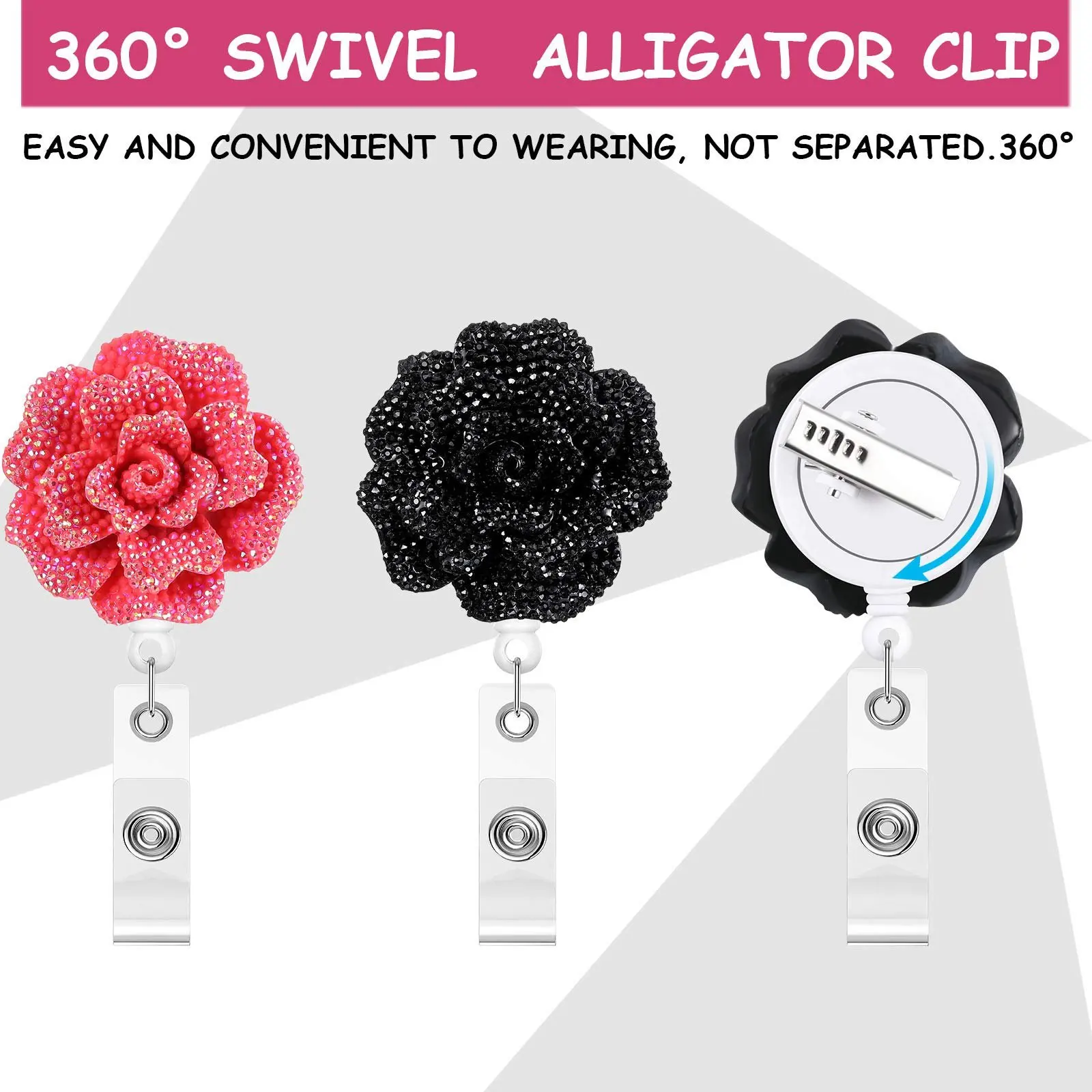 6 Pieces 24 Inch Retractable Badge Reels,Glitter Rose ID Badge Holder with 360 Degree Rotatable Alligator Clip
