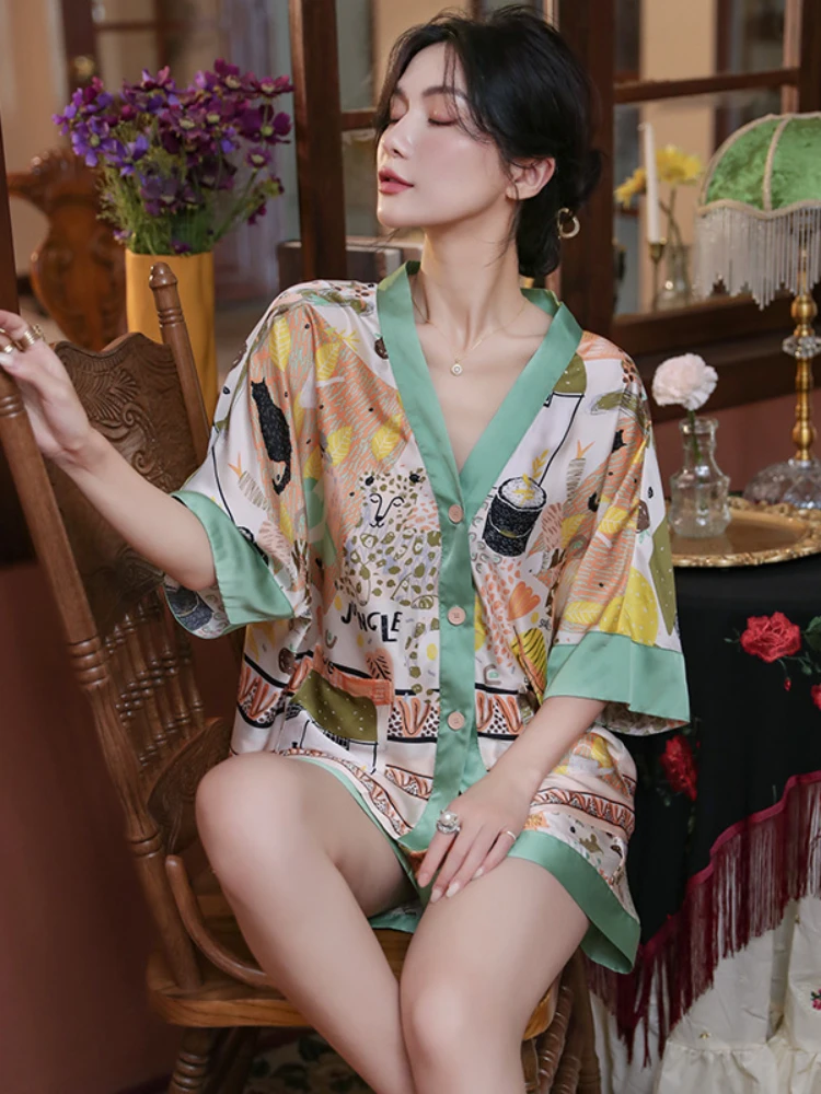 Sexy Ice Silk Pajamas Suit Women Summer New High Quality Fashion New Printed Top Cardigan+shorts Casual Home Clothes Outer Wear