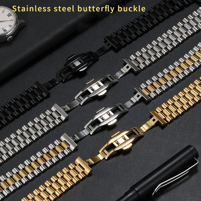 Pulseira universal de aço inoxidável sólido para seiko tag heuer rolex orient três contas pulseira com fecho borboleta