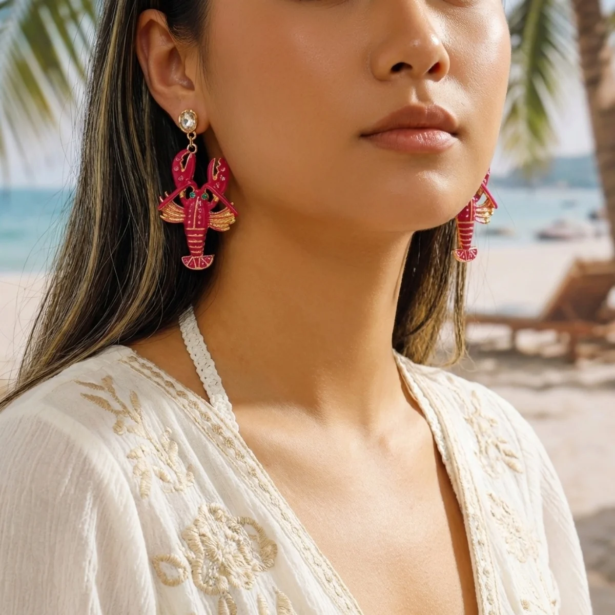 Kreative, übertriebene rote Strass-Hummer-Ohrhänger für Damen und Herren, glänzende, modische Meerestier-Sommerohrringe, Partyschmuck – Detail 4