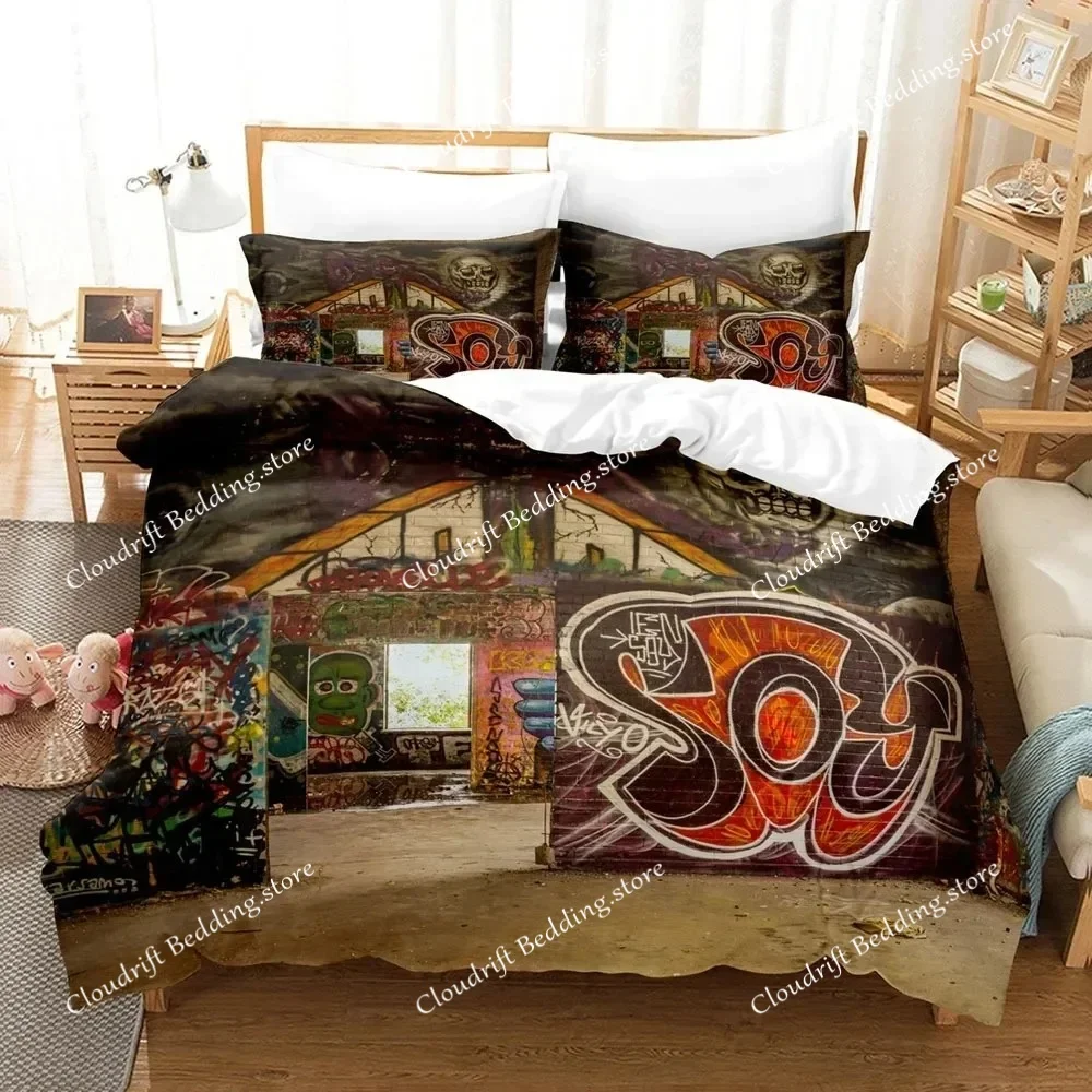 Graffiti Duvet Cover Set Youth Modern Wall Urban Street Art Painting Polyester King Queen Size Bedding Set with Pillowcases