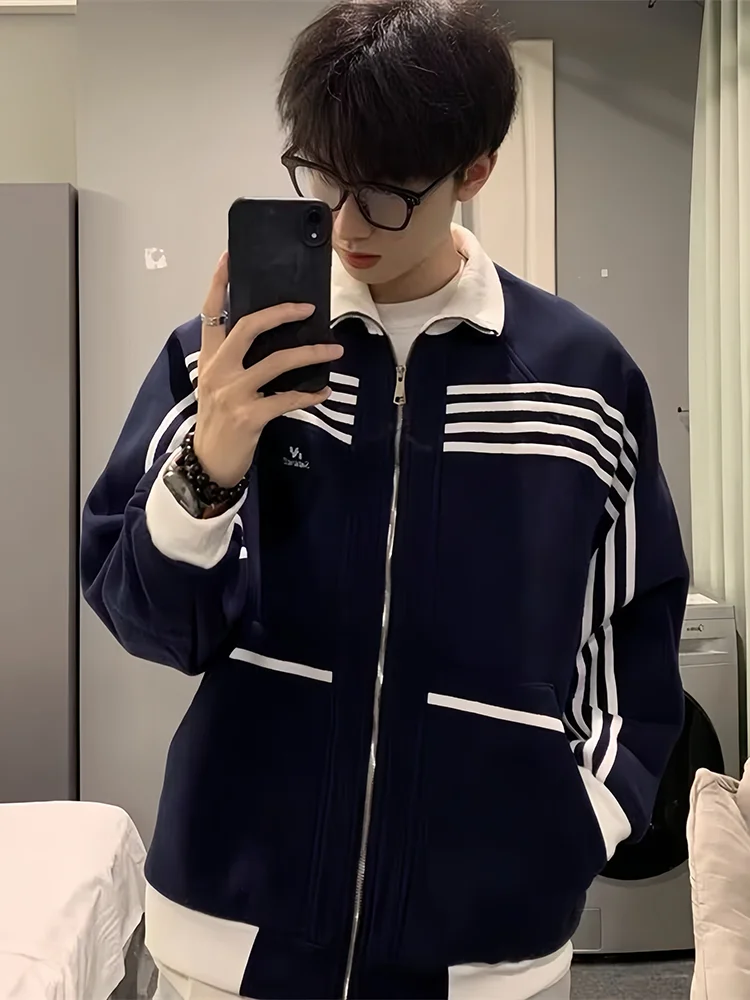 

Модный мужской кардиган-худи Cleanfit, синий в полоску, плотный, с воротником-стойкой, осенне-зимняя повседневная одежда