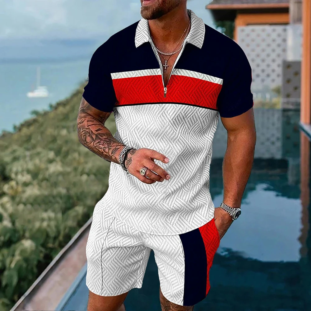 Men\'s Polo Tracksuit Set Summer Fashion Men Short Sleeve Zipper Polo Shirt&Shorts Set for Men Casual Streetwear 2 Piece Suit