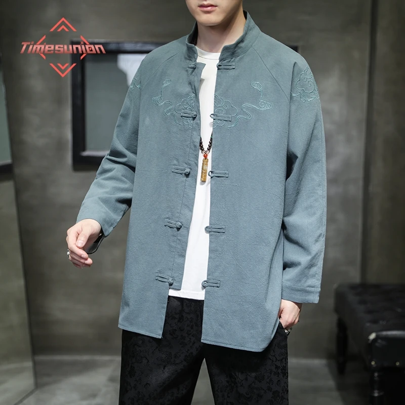 Chinese Style Spring Jackets for Men Cotton Linen Embroidery Disc Buckle Tang Suit Improved Hanfu Autumn Coat Clothes