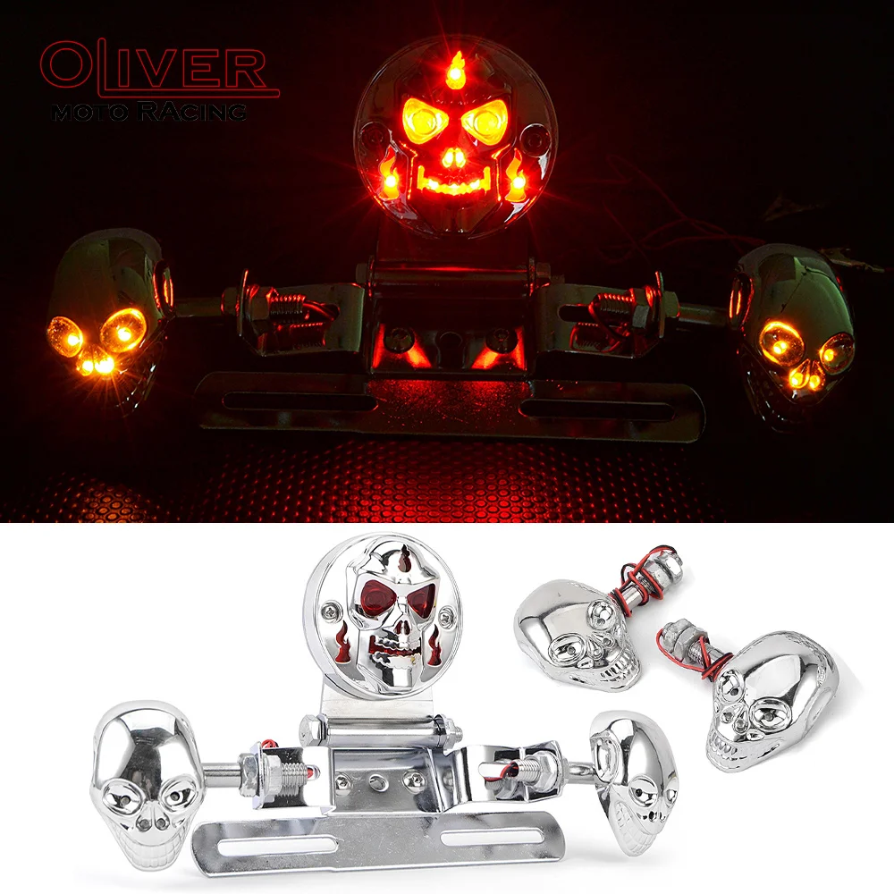 Motorcycle Skull Tail Light With License Plate Bracket Holder Turn Signals Indicators For Harley Honda Cafe Racer Custom Bobber