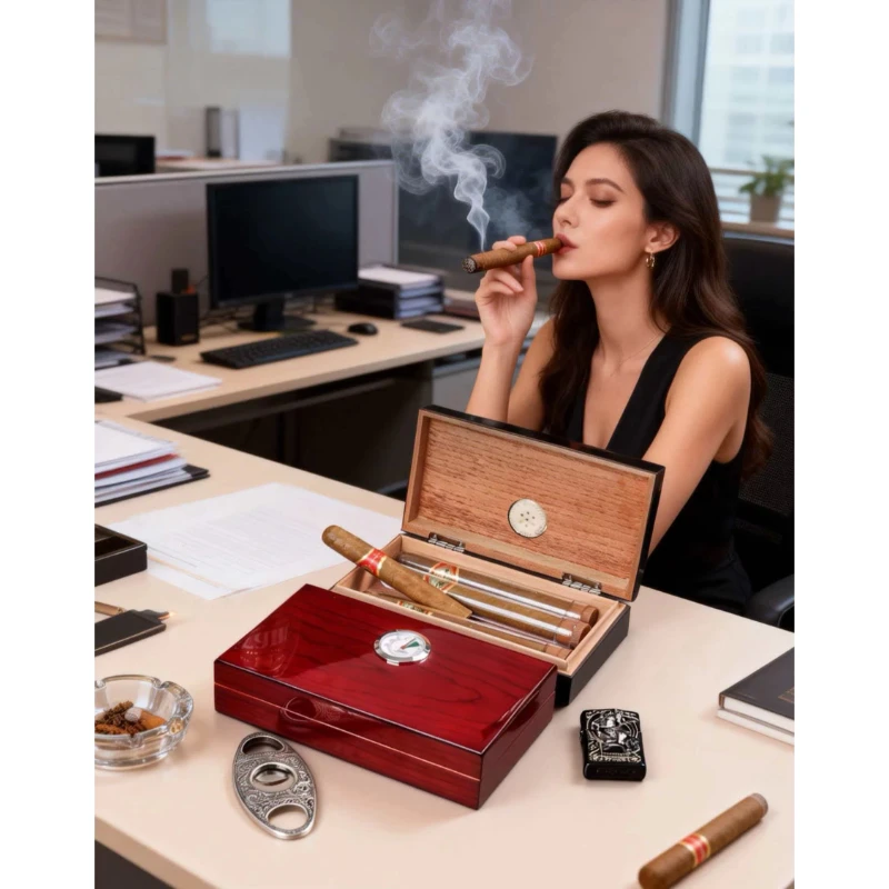 Classic Wooden Humidor Gift Set Box Holds 4 Cigars with Hygrometer & Cigar Tools