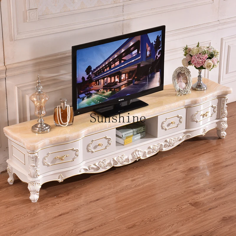 

European marble TV cabinet coffee table combination simple solid wood carving flower locker