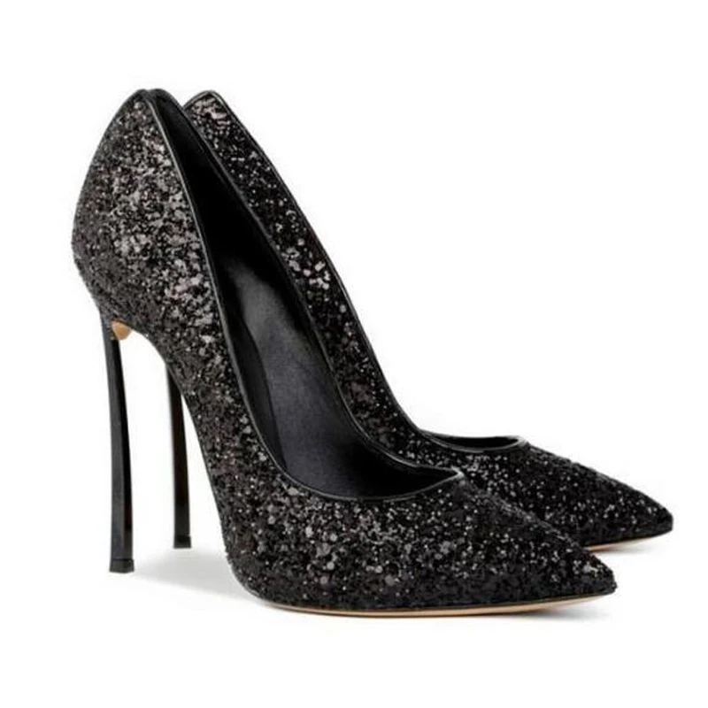 Ladies Sequins Bling Bling Blade Heels Pumps  Evening Party Dress Shoes Female Paillette Slip-On Metal heels Pointed Toe Pumps