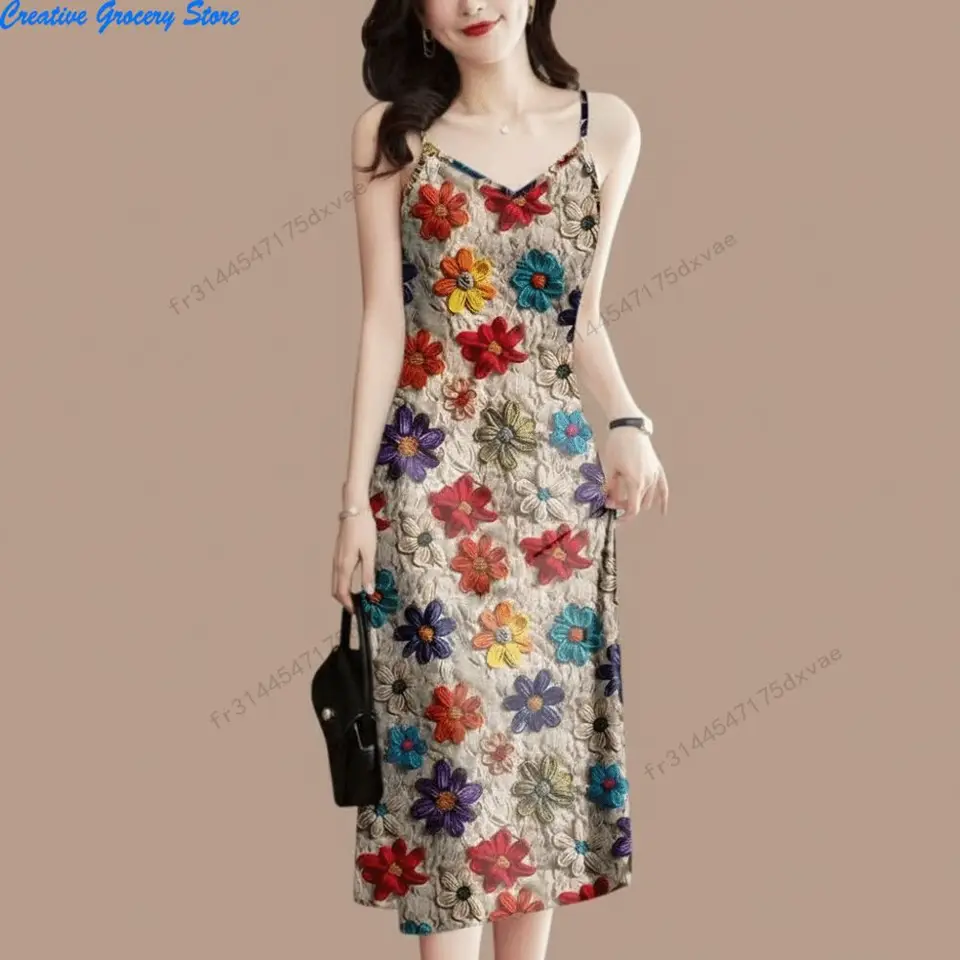 Vestido Bohemio Floral de Tirantes para Mujer 2026, Escote en V, Sin Mangas, Largo Medio, Casual de Verano para Playa, Tallas L-3XL 4