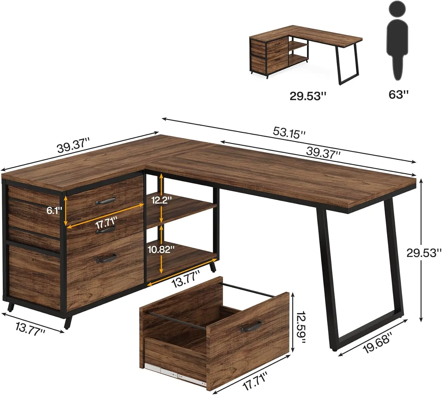 Industrial Rustic Brown L-Shaped Computer Desk with 3 Drawers 53-Inch Corner Home Office Desk Space-saving Workstation