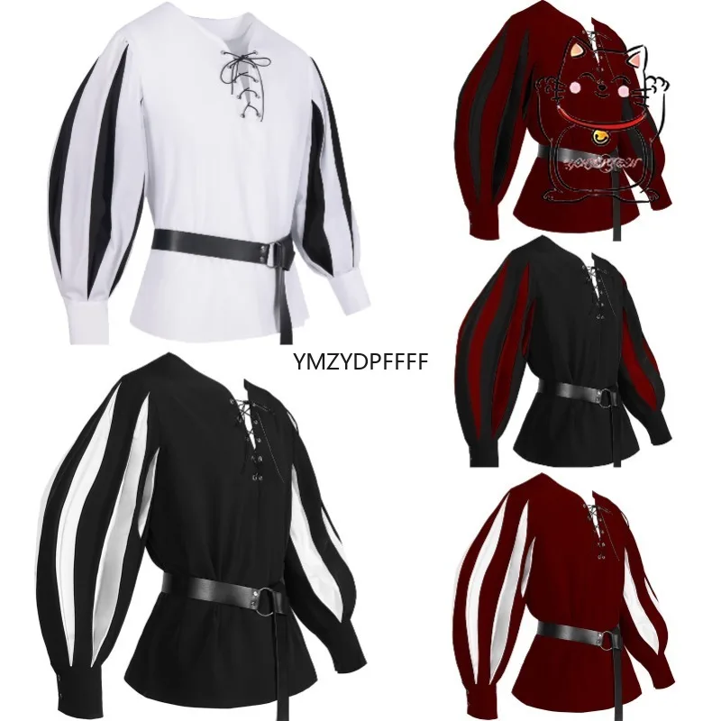 

Vintage medieval drama costume in stock color blocked strap collar shirt cosplay top with belt included new