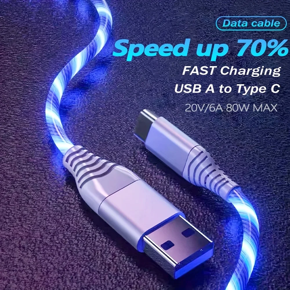 Ładowarka USB A do typu C Kabel do ładowania Kolorowe świecące kable do transmisji danych Szybki kabel USB Świecąca linia danych Elektronika dla