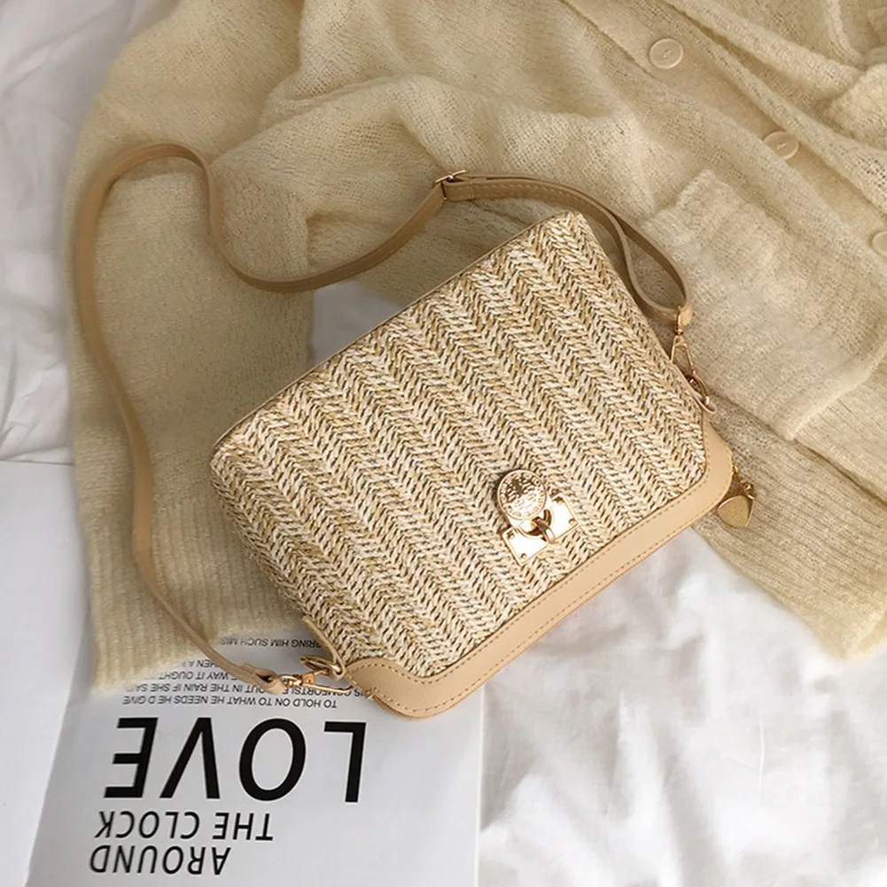 

Korean Straw Shoulder Bags Women Shell Woven Messenger Travel Crossbody Handbags Female Zipper Crossbody Bags