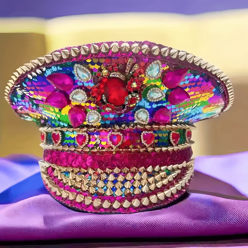 

HongLuan Red Rose Bling Captain Hat Rhinestone for Woman Steampunk Military Cap for Men Burning Man Music Festivals Accessories