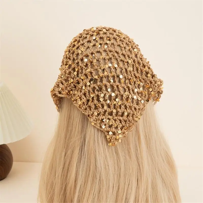 39BB Shimmering Knitted Hair Scarf With Sequins Triangular Headscarf Bandana Hip Scarf For Women Girl Fashion Accessories