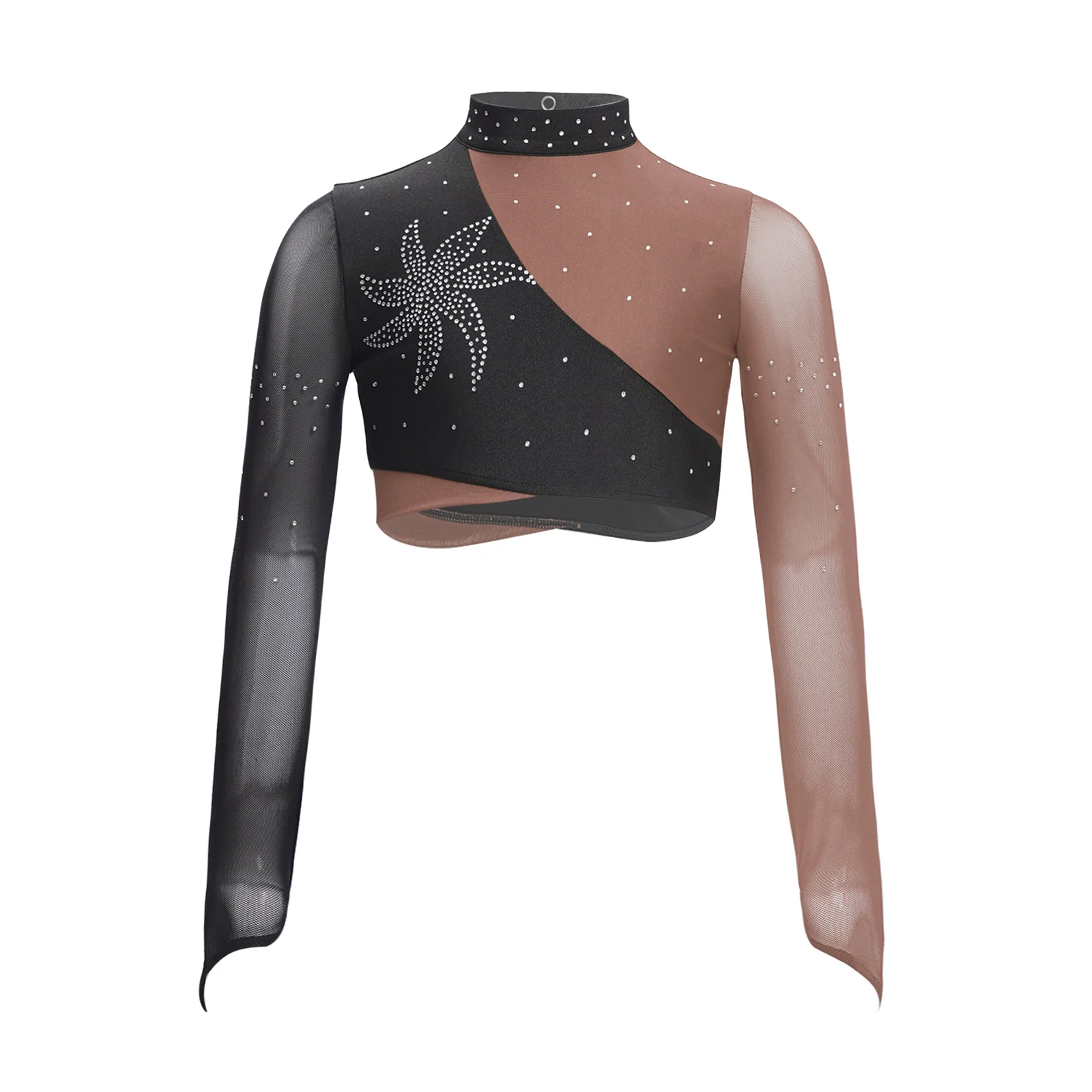 

Kids Girls Gymnastics Lyrical Dance Top Sheer Mesh Long Sleeves Keyhole Back Color Block Shiny Rhinestones Cropped Top Dancewear