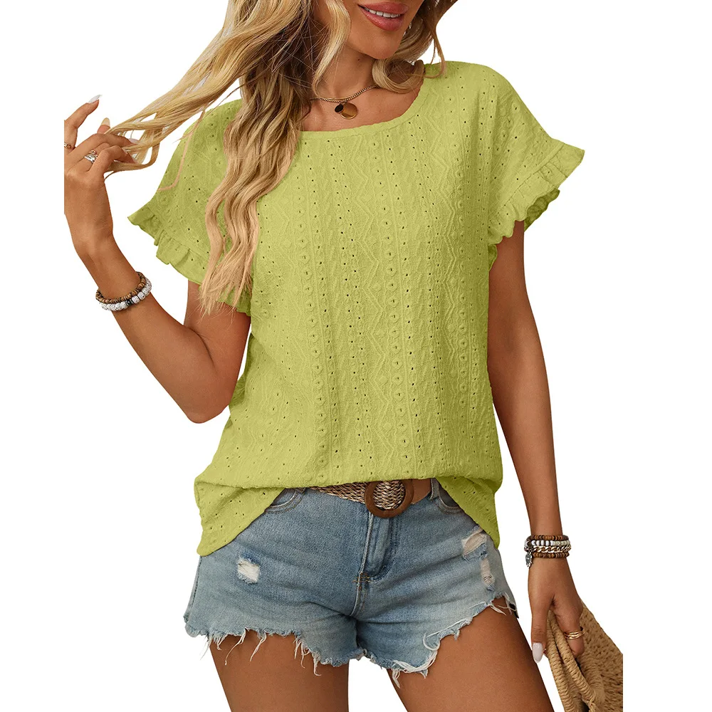 

Spring/Summer 2025 New Solid Color Round Neck Sweet Short-sleeved T-shirt Hollow Top